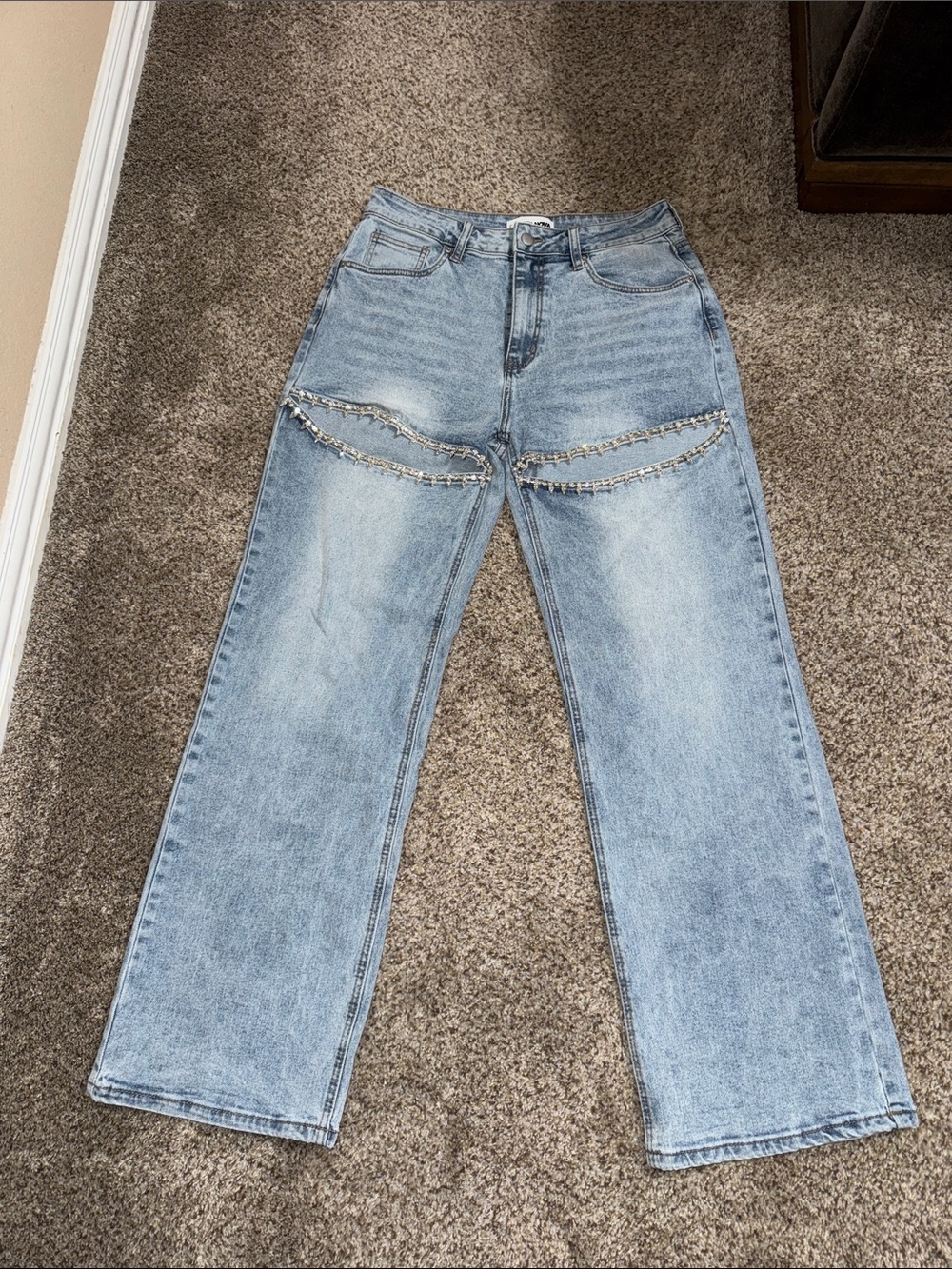 Fashion Nova Light Blue Straight Leg Jeans Frayed Knee Crystal Bling cut out